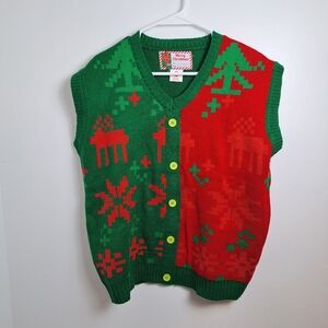 NEW Merry Christmas Unisex Red Green Pixelated Reindeer Knit Sweater Vest Sz L